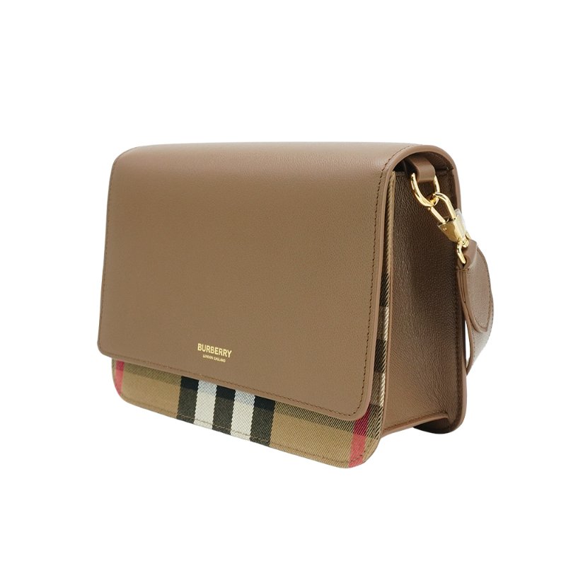Burberry Mackford 格紋帆布拚皮革斜背包(80844891-咖)-1