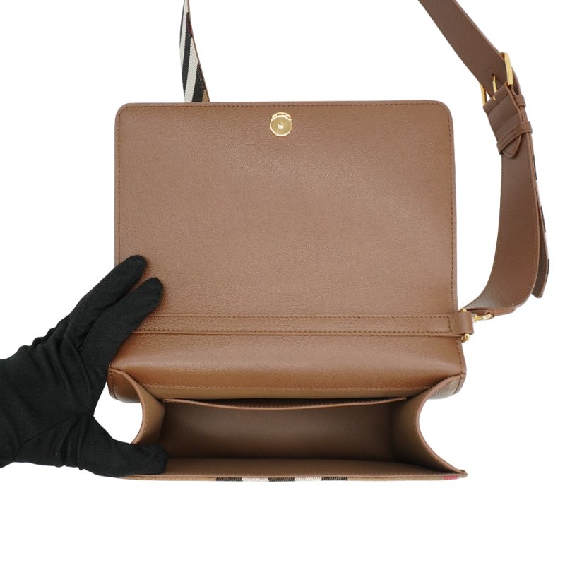 Burberry Mackford 格紋帆布拚皮革斜背包(80844891-咖)-4