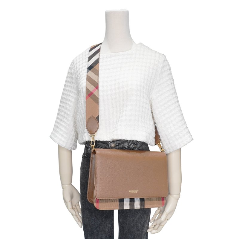 Burberry Mackford 格紋帆布拚皮革斜背包(80844891-咖)-5