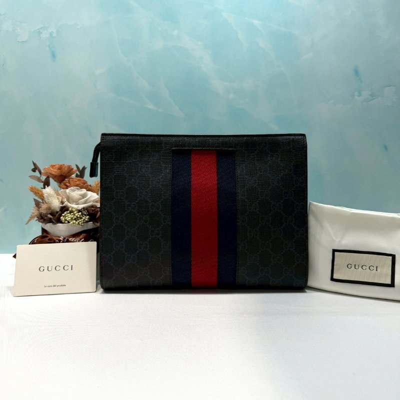 GUCCI 藍紅藍織帶手拿包-0