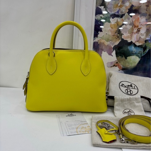 Hermes 愛馬仕bolide 25 保齡球包，檸檬黃內拼出馬仕橙，銀扣B刻，有購證 99新