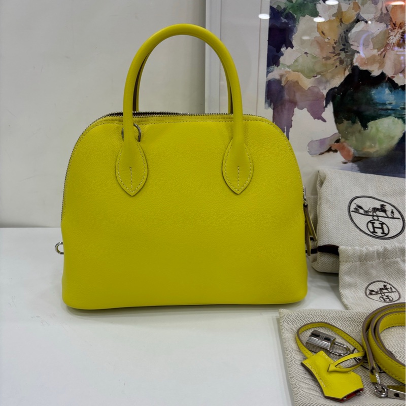 Hermes 愛馬仕bolide 25 保齡球包，檸檬黃內拼出馬仕橙，銀扣B刻，有購證 99新-1