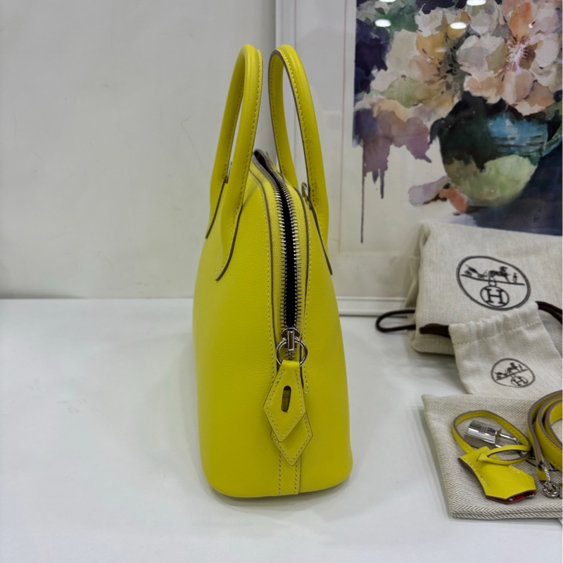 Hermes 愛馬仕bolide 25 保齡球包，檸檬黃內拼出馬仕橙，銀扣B刻，有購證 99新-2