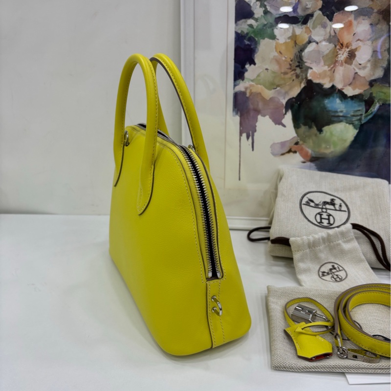 Hermes 愛馬仕bolide 25 保齡球包，檸檬黃內拼出馬仕橙，銀扣B刻，有購證 99新-3
