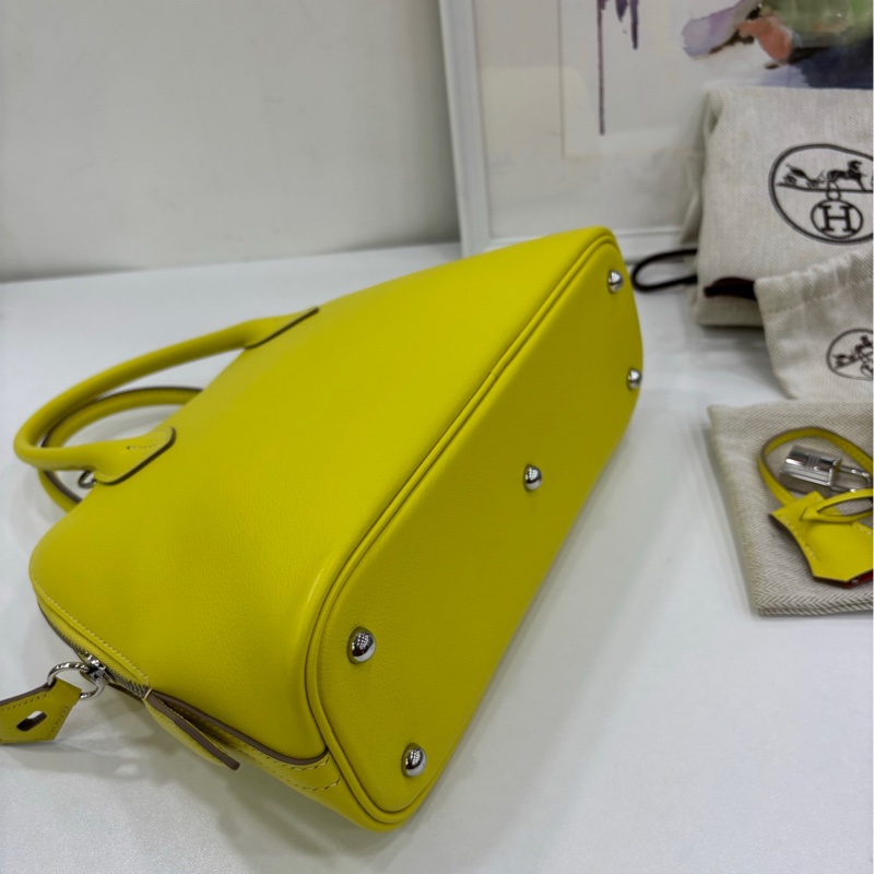 Hermes 愛馬仕bolide 25 保齡球包，檸檬黃內拼出馬仕橙，銀扣B刻，有購證 99新-4