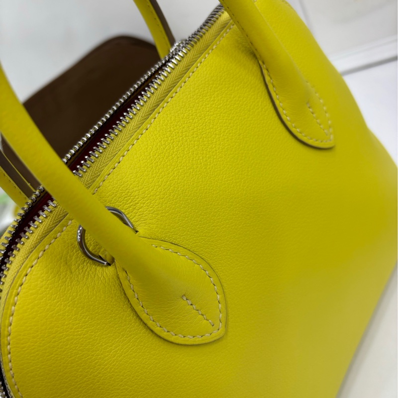 Hermes 愛馬仕bolide 25 保齡球包，檸檬黃內拼出馬仕橙，銀扣B刻，有購證 99新-6