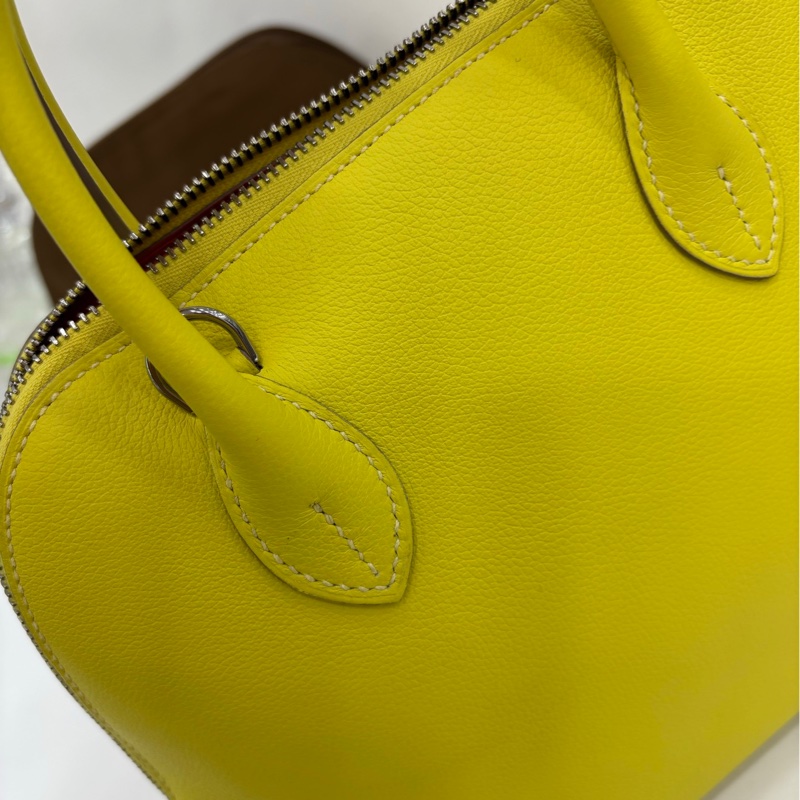 Hermes 愛馬仕bolide 25 保齡球包，檸檬黃內拼出馬仕橙，銀扣B刻，有購證 99新-7