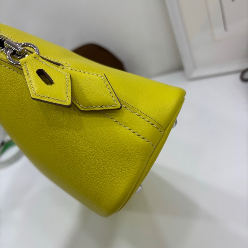 Hermes 愛馬仕bolide 25 保齡球包，檸檬黃內拼出馬仕橙，銀扣B刻，有購證 99新-9