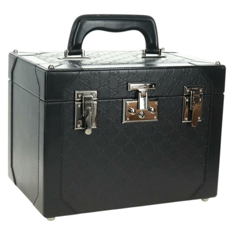 GUCCI GG帆布Guccissima化妝盒，皮革黑色銀色，正品編號171671SAM