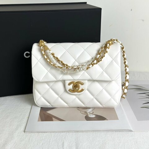 CHANEL 24P珍珠鍊手提方胖子 - 白金