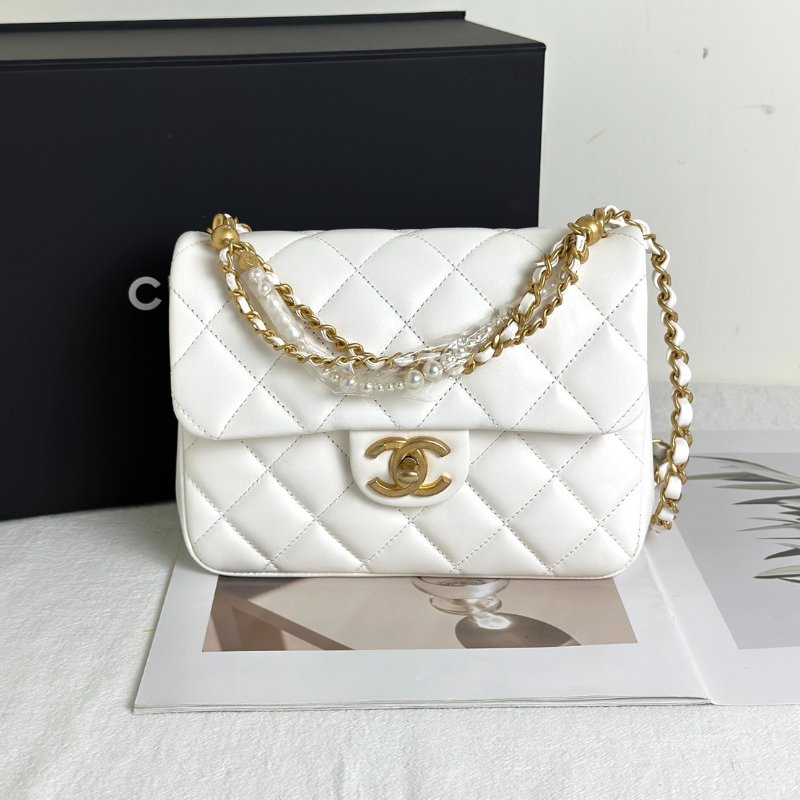 CHANEL 24P珍珠鍊手提方胖子 - 白金-0
