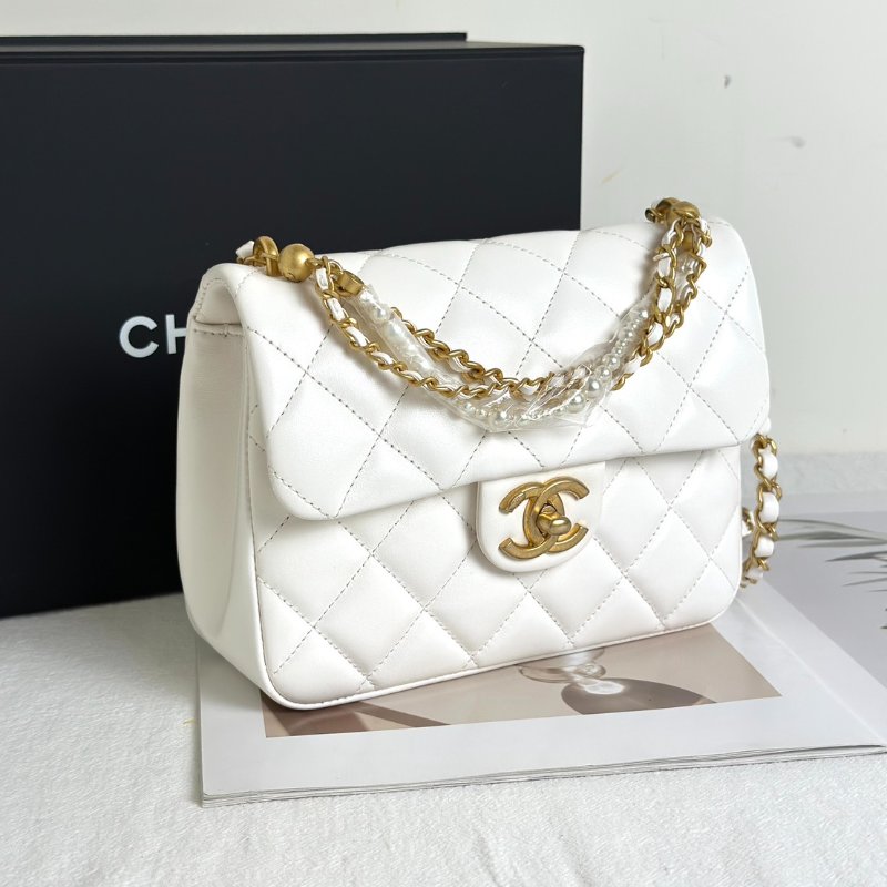CHANEL 24P珍珠鍊手提方胖子 - 白金-2