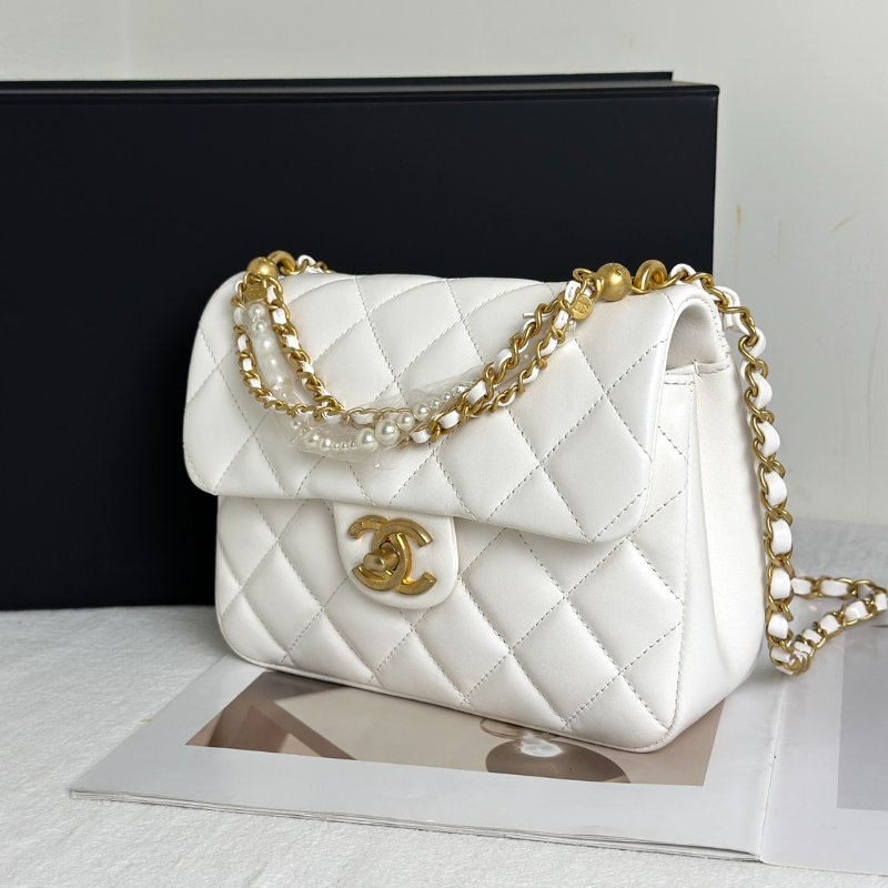 CHANEL 24P珍珠鍊手提方胖子 - 白金-3
