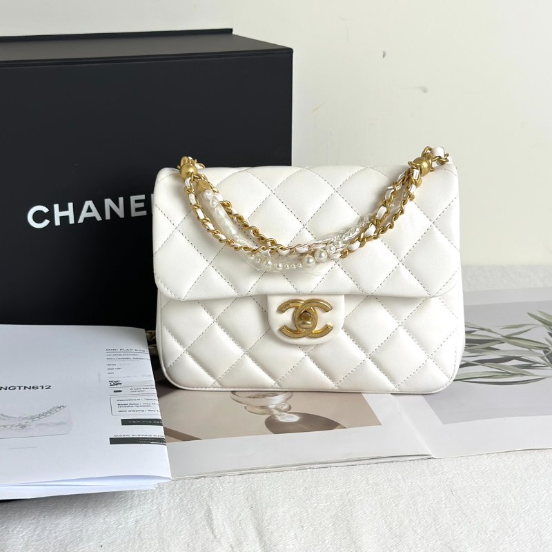 CHANEL 24P珍珠鍊手提方胖子 - 白金-7