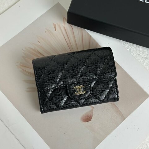 CHANEL 粒面牛皮拉鍊夾層卡包 - 黑金