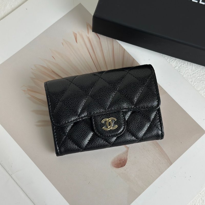 CHANEL 粒面牛皮拉鍊夾層卡包 - 黑金-0