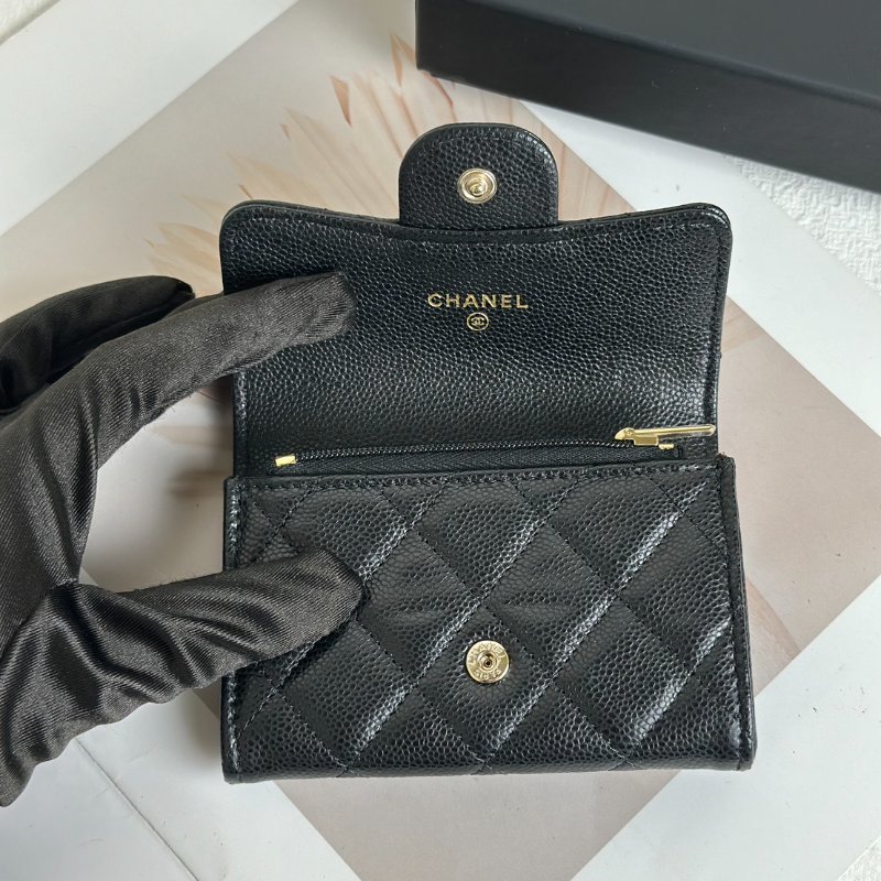 CHANEL 粒面牛皮拉鍊夾層卡包 - 黑金-4