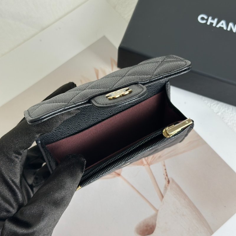 CHANEL 粒面牛皮拉鍊夾層卡包 - 黑金-5