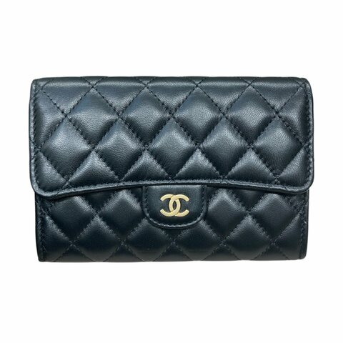 CHANEL 香奈兒 前釦式翻蓋長夾 羊皮 黑色 淺金釦