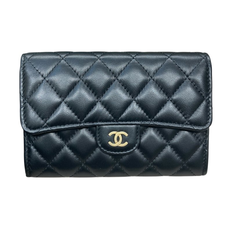 CHANEL 香奈兒 前釦式翻蓋長夾 羊皮 黑色 淺金釦-0