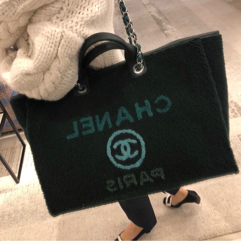 【稀有秀款】Chanel 森林綠羊羔毛 Deauville 沙灘包 26開-7