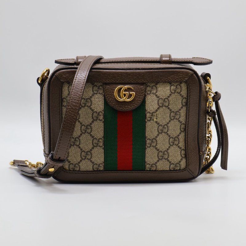 GUCCI 帆布老花綠紅織帶相機包-0