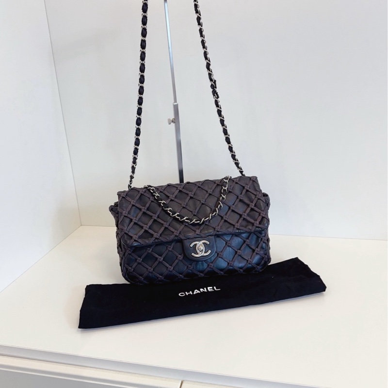 【98新🆕】Chanel 黑銀漁網菱格網兜CF Jumbo機場包 斜挎包單肩包-0