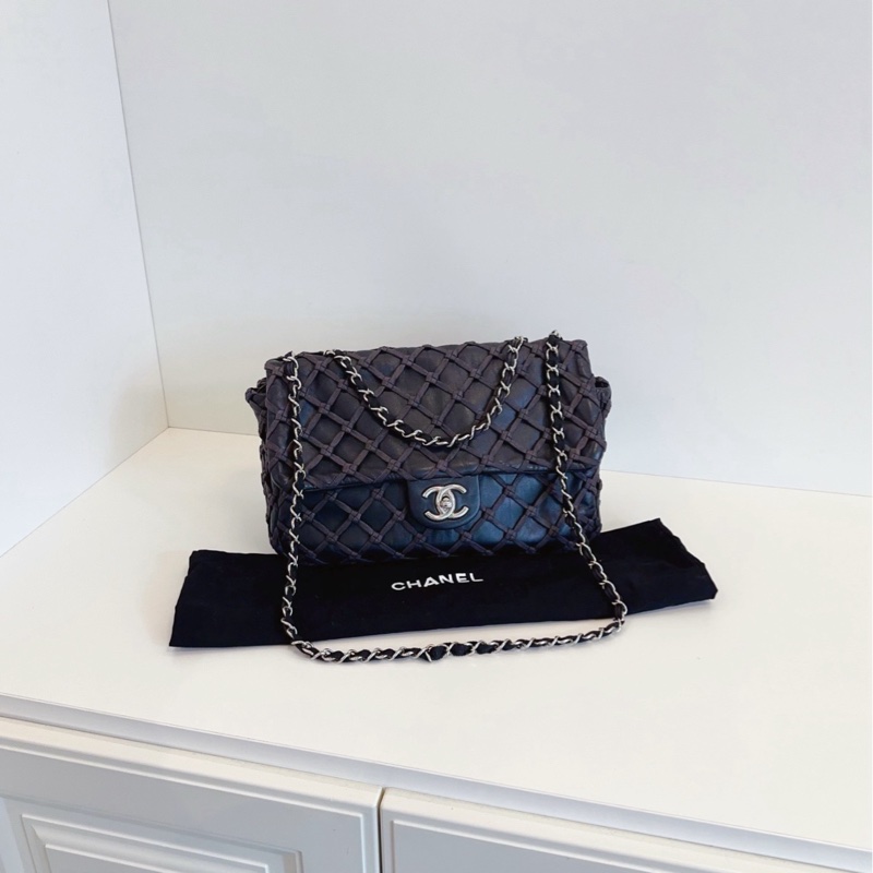 【98新🆕】Chanel 黑銀漁網菱格網兜CF Jumbo機場包 斜挎包單肩包-1