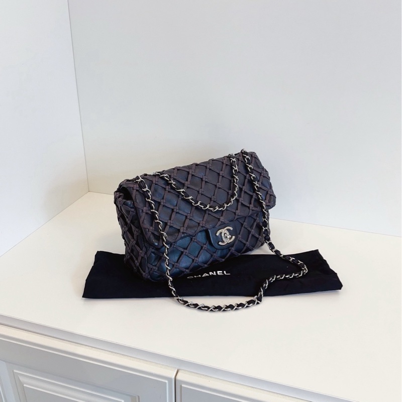 【98新🆕】Chanel 黑銀漁網菱格網兜CF Jumbo機場包 斜挎包單肩包-2
