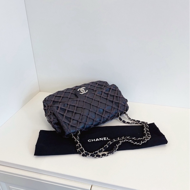 【98新🆕】Chanel 黑銀漁網菱格網兜CF Jumbo機場包 斜挎包單肩包-4