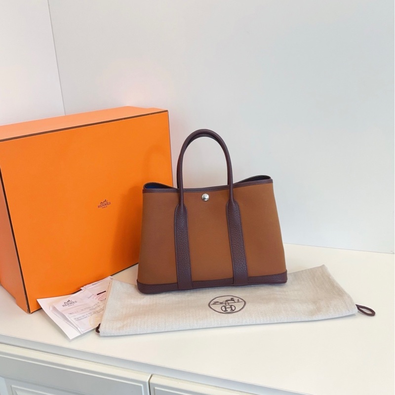 【99新全套🆕】Hermes GardenParty Gp30 帆布拼皮花園包 Z刻 烏木拼栗子色🌰撞色內里 手提包-0