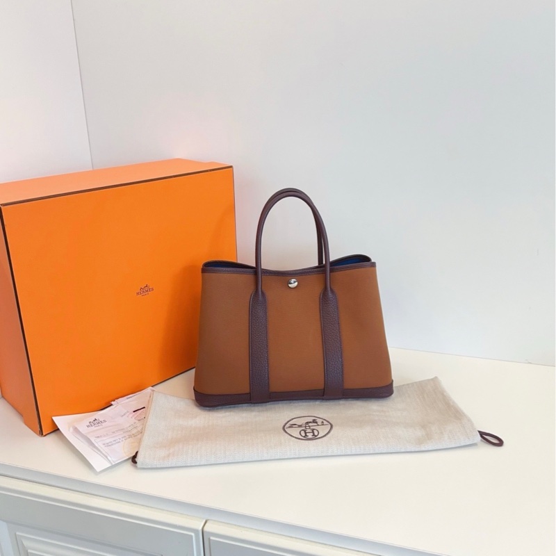 【99新全套🆕】Hermes GardenParty Gp30 帆布拼皮花園包 Z刻 烏木拼栗子色🌰撞色內里 手提包-1