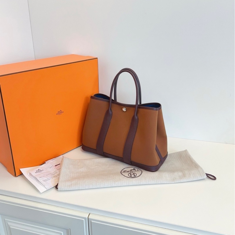 【99新全套🆕】Hermes GardenParty Gp30 帆布拼皮花園包 Z刻 烏木拼栗子色🌰撞色內里 手提包-2