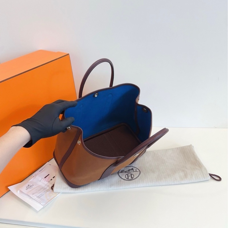 【99新全套🆕】Hermes GardenParty Gp30 帆布拼皮花園包 Z刻 烏木拼栗子色🌰撞色內里 手提包-5