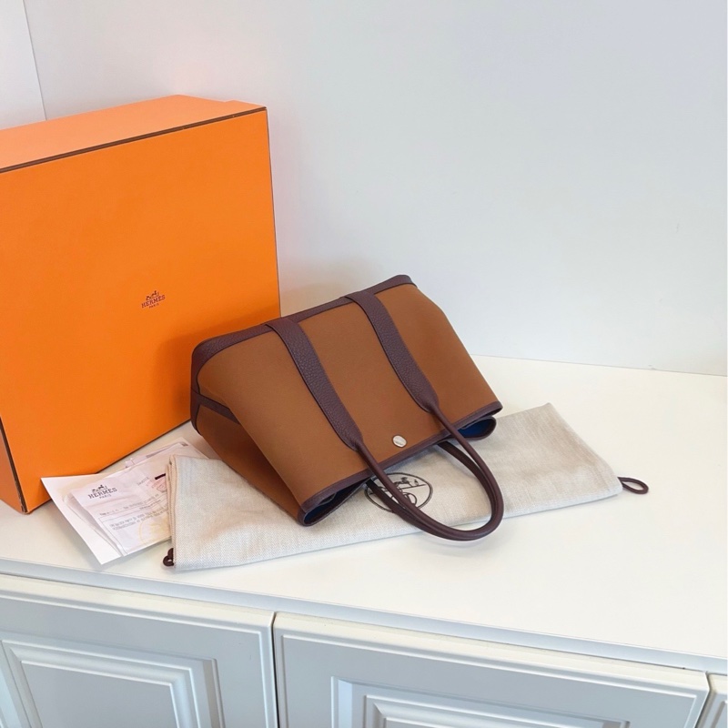 【99新全套🆕】Hermes GardenParty Gp30 帆布拼皮花園包 Z刻 烏木拼栗子色🌰撞色內里 手提包-6