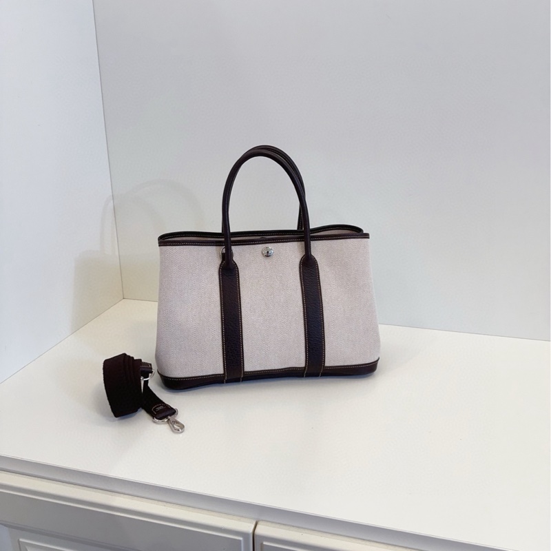 【98新🆕】Hermes Garden party  GP30 米白拼棕色皮花園包 框I 手提包-0