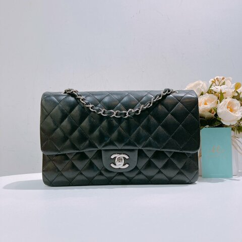 TW4732 Chanel香奈兒 經典黑銀皮穿鏈翻蓋包中號 菱格紋荔枝牛皮  Classic Double Flap Bag 25cm Lambskin Black x PHW