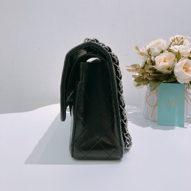TW4732 Chanel香奈兒 經典黑銀皮穿鏈翻蓋包中號 菱格紋荔枝牛皮  Classic Double Flap Bag 25cm Lambskin Black x PHW-3