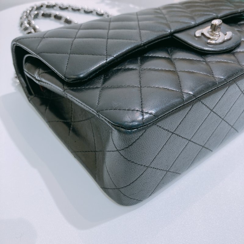 TW4732 Chanel香奈兒 經典黑銀皮穿鏈翻蓋包中號 菱格紋荔枝牛皮  Classic Double Flap Bag 25cm Lambskin Black x PHW-5