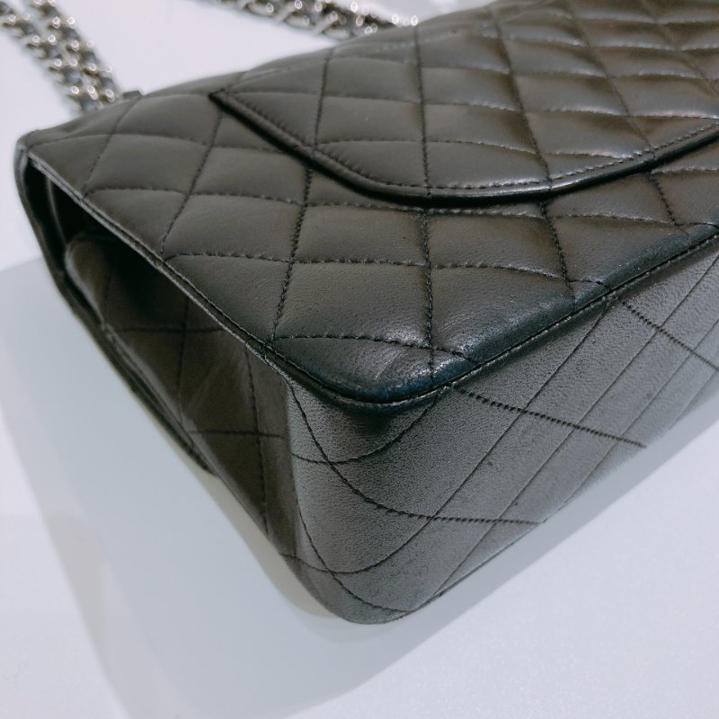 TW4732 Chanel香奈兒 經典黑銀皮穿鏈翻蓋包中號 菱格紋荔枝牛皮  Classic Double Flap Bag 25cm Lambskin Black x PHW-7