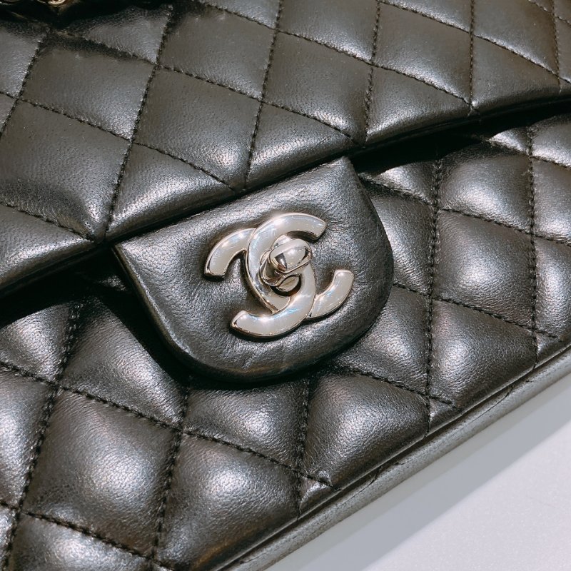 TW4732 Chanel香奈兒 經典黑銀皮穿鏈翻蓋包中號 菱格紋荔枝牛皮  Classic Double Flap Bag 25cm Lambskin Black x PHW-10