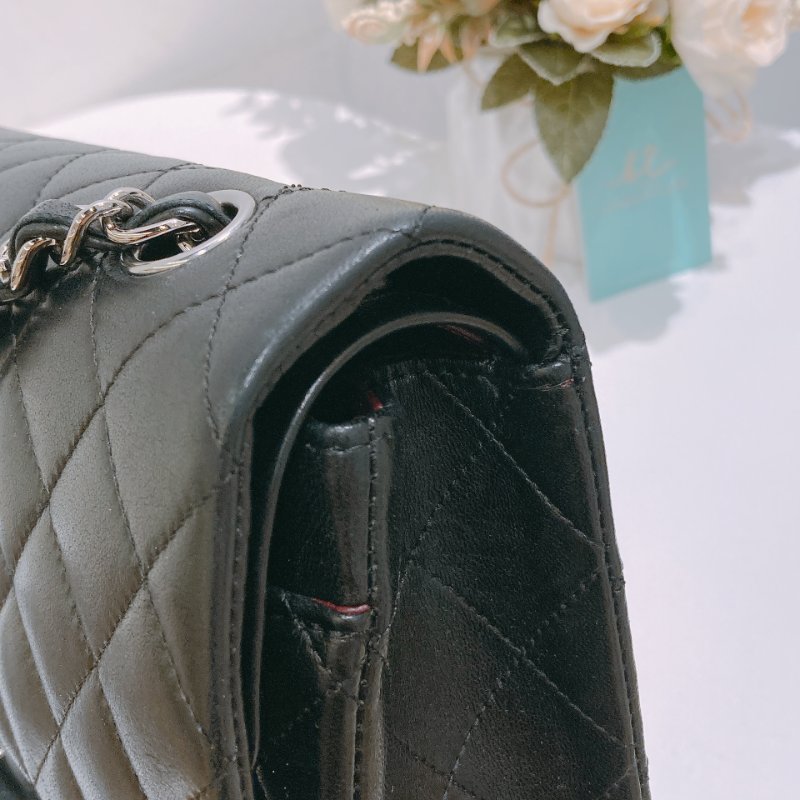 TW4732 Chanel香奈兒 經典黑銀皮穿鏈翻蓋包中號 菱格紋荔枝牛皮  Classic Double Flap Bag 25cm Lambskin Black x PHW-16