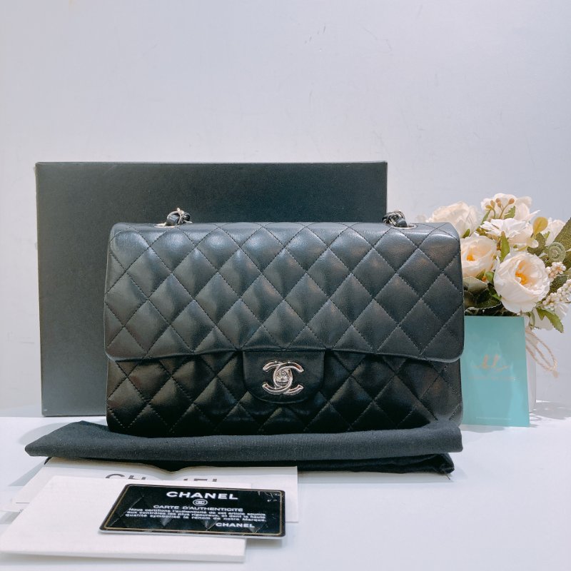 TW4732 Chanel香奈兒 經典黑銀皮穿鏈翻蓋包中號 菱格紋荔枝牛皮  Classic Double Flap Bag 25cm Lambskin Black x PHW-19