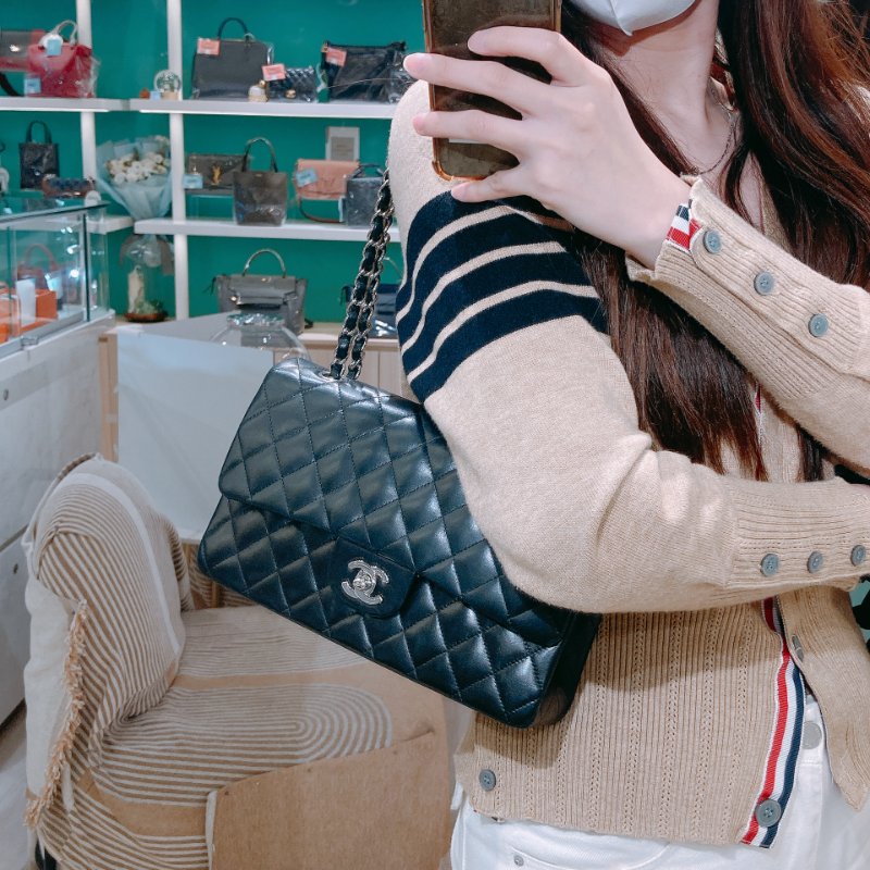 TW4732 Chanel香奈兒 經典黑銀皮穿鏈翻蓋包中號 菱格紋荔枝牛皮  Classic Double Flap Bag 25cm Lambskin Black x PHW-20