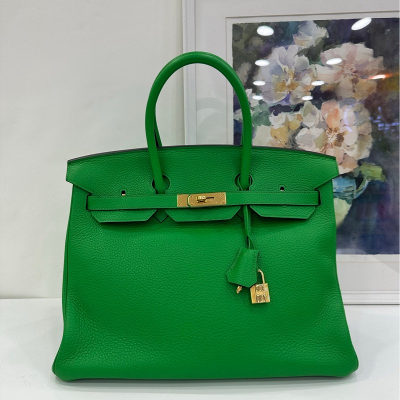 愛馬仕 Birkin35 竹子綠金扣框R刻 原始好成色-1