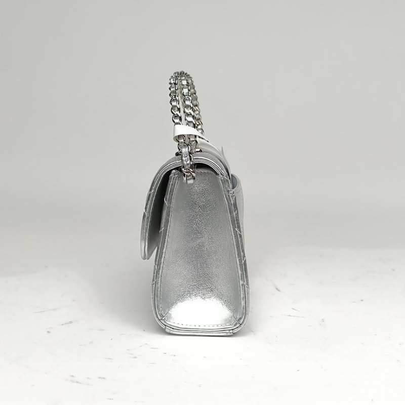 CHANEL 銀色牛皮銀扣25SKelly14.5雙皮穿鏈肩背包-1