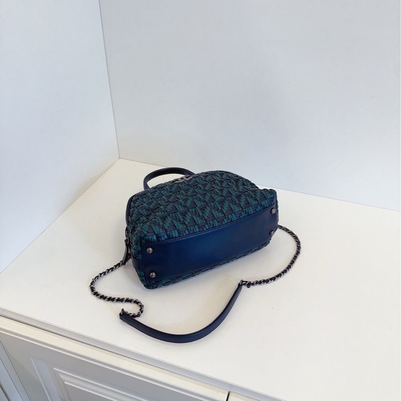 【98新🆕】Chanel  墨綠拼深海軍藍編織牛皮🦚保齡球手提包 造舊銀扣 小號 small-5