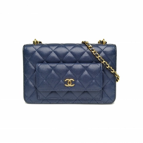 CHANEL 22ACFWOC藍色荔枝牛皮晶片開金扣肩背包