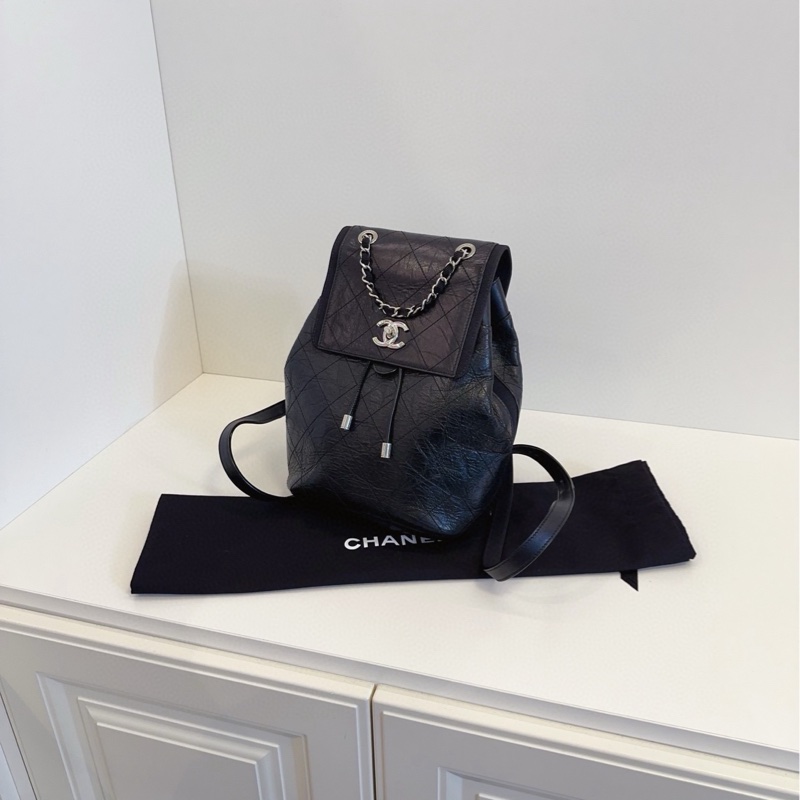 【99新🆕 】Chanel  黑銀油蠟皮菱格雙肩包小書包 背包-3
