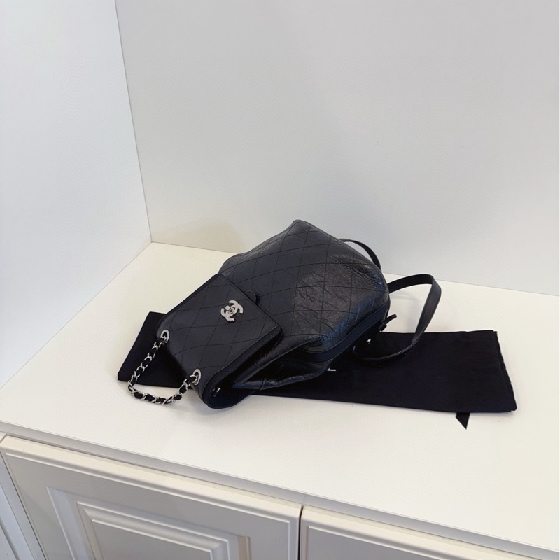 【99新🆕 】Chanel  黑銀油蠟皮菱格雙肩包小書包 背包-6
